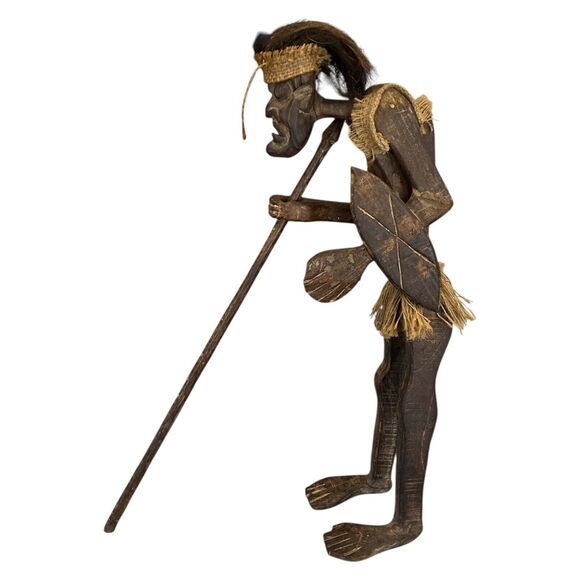 Wood Warrior Tribal Sculpture Statue of Native Man African Hand Carved 23 in - Picture 3 of 12